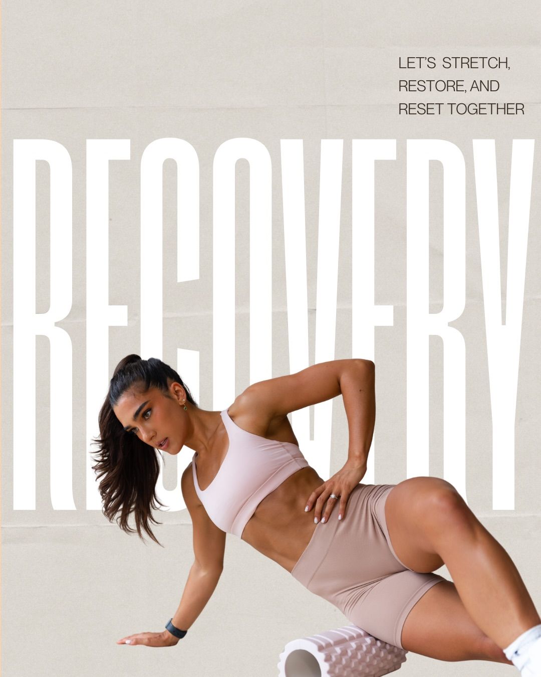 Carousel: Cutout of a woman in pale pink activewear doing a Pilates leg lift, slide 7