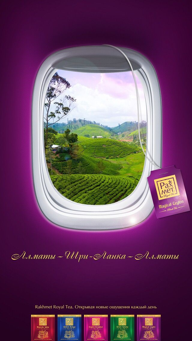 Story: Airplane window looking onto terraced tea plantations, with a tea-bag string and tag hanging from it