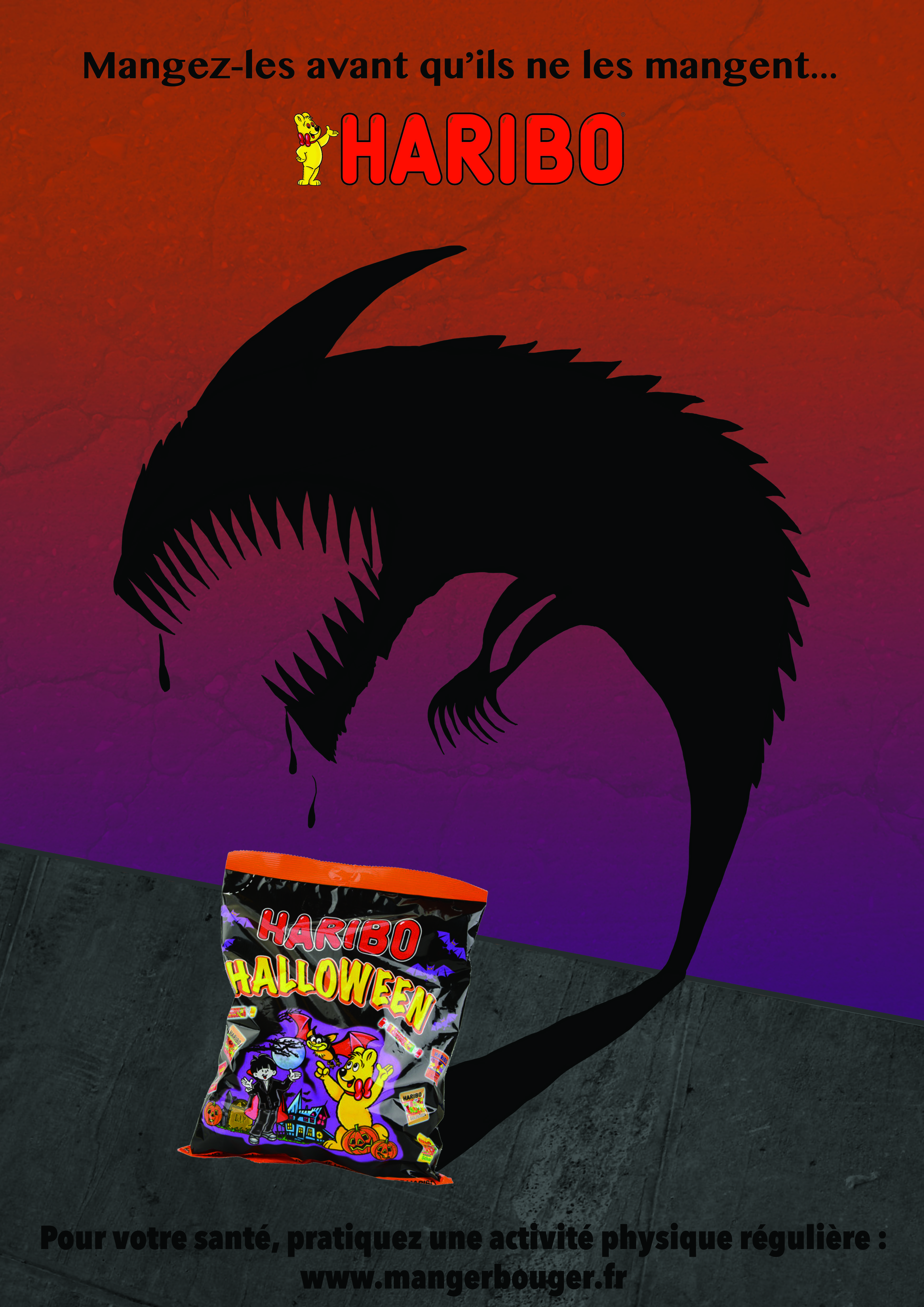 Halloween candy bag casting a giant fanged monster shadow