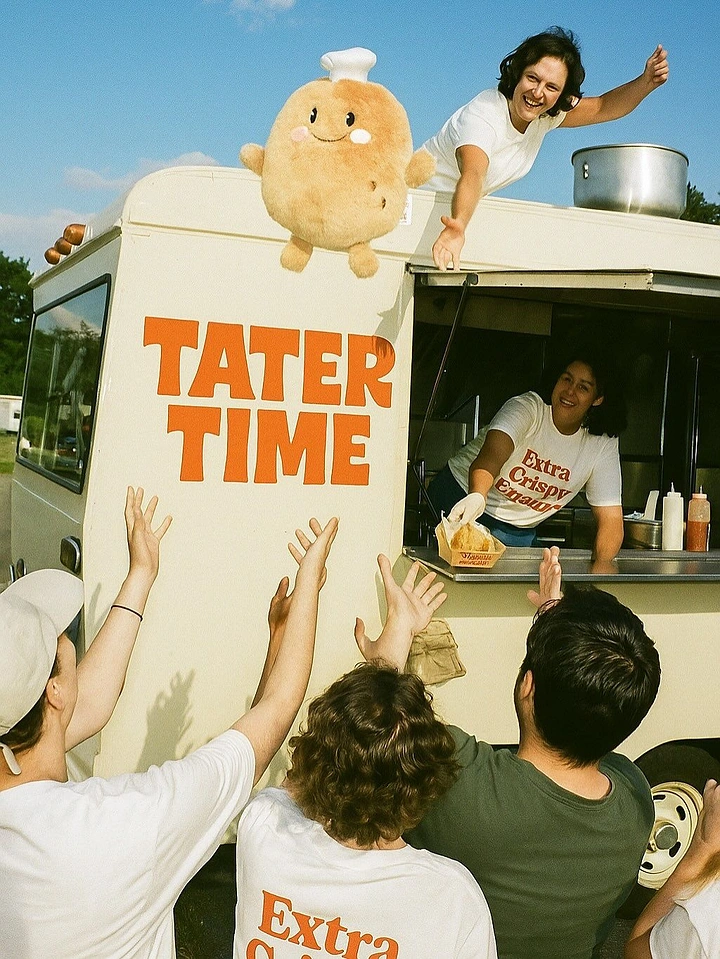 Cloud Kitchens & Food Trucks creative ad: Mascot crowd-surfing truck, playful brand shot