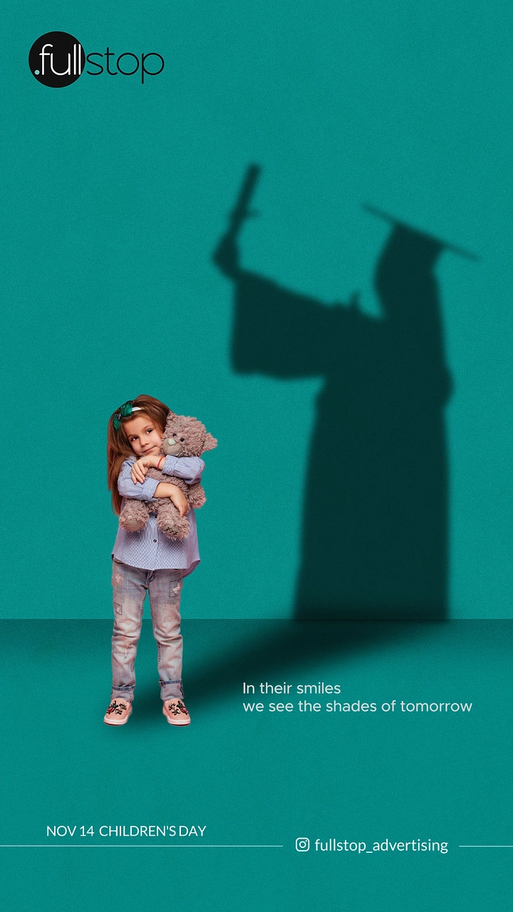 Children's Day creative ad: Little girl hugging a teddy bear who casts a graduate's shadow