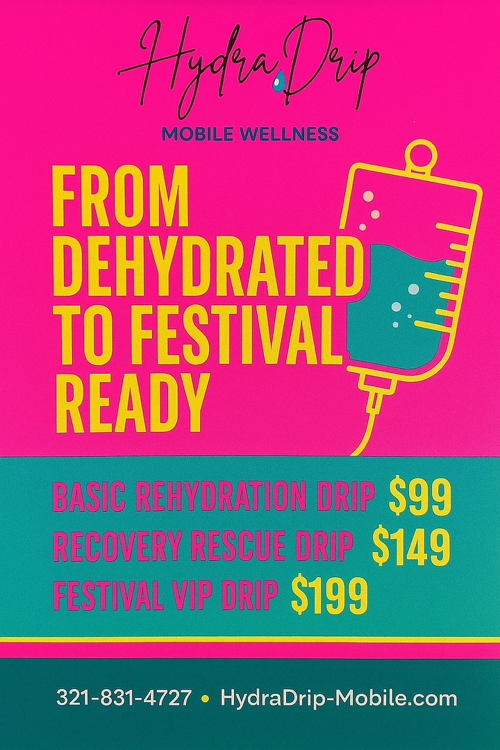IV Therapy & Drip Bars creative ad: Festival-ready dehydration rescue concept