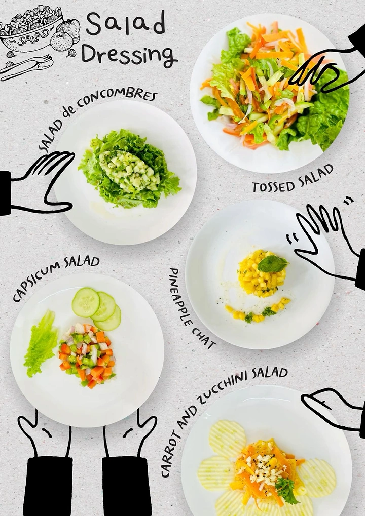 Salad Bars & Healthy Restaurants creative ad: Illustrated hands create playful menu composition