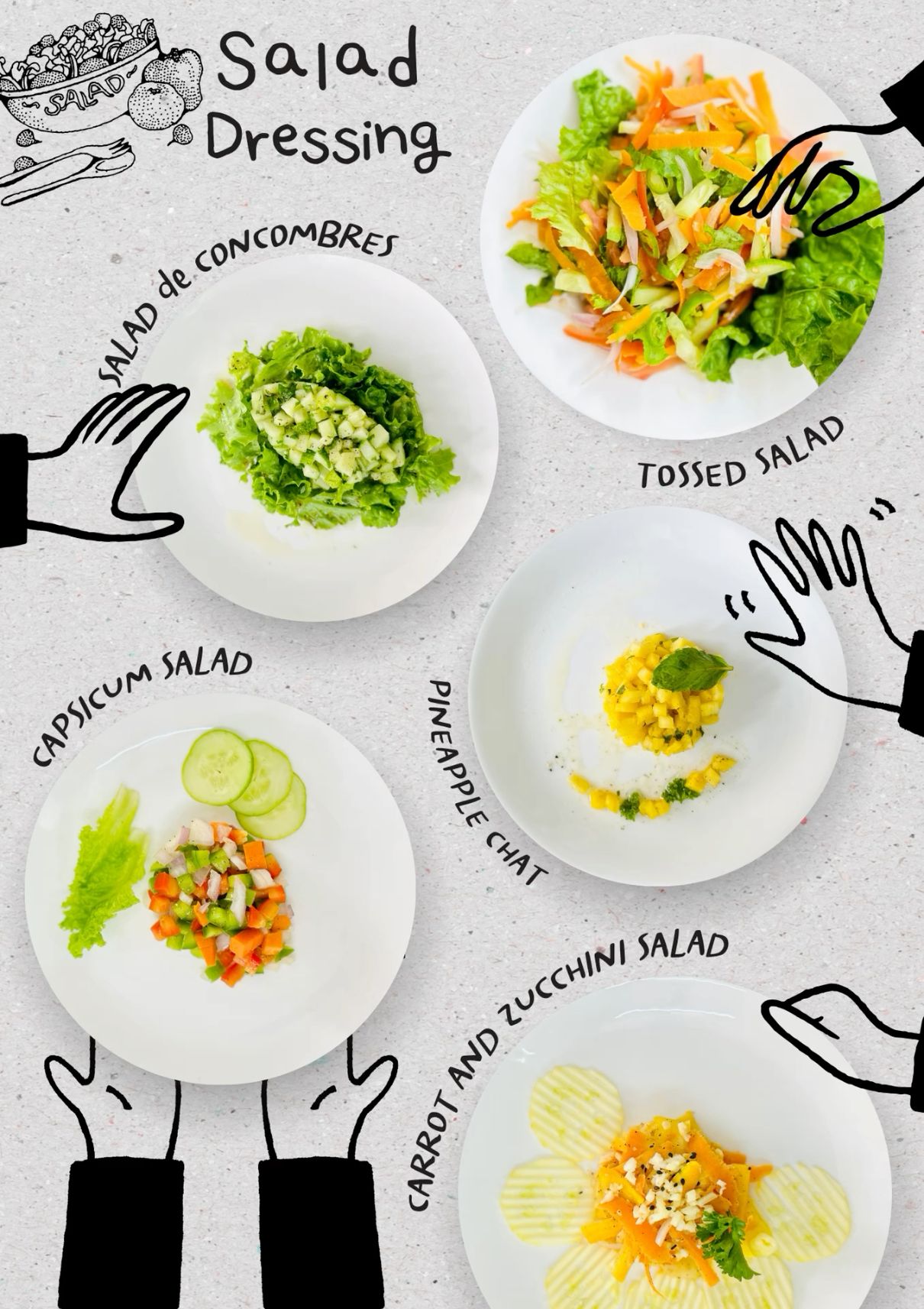 Story: Illustrated hands create playful menu composition
