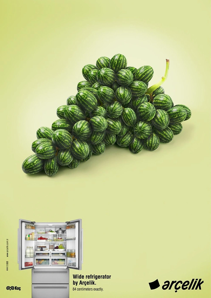 Home Appliances creative ad: Grape bunch built from miniature watermelons