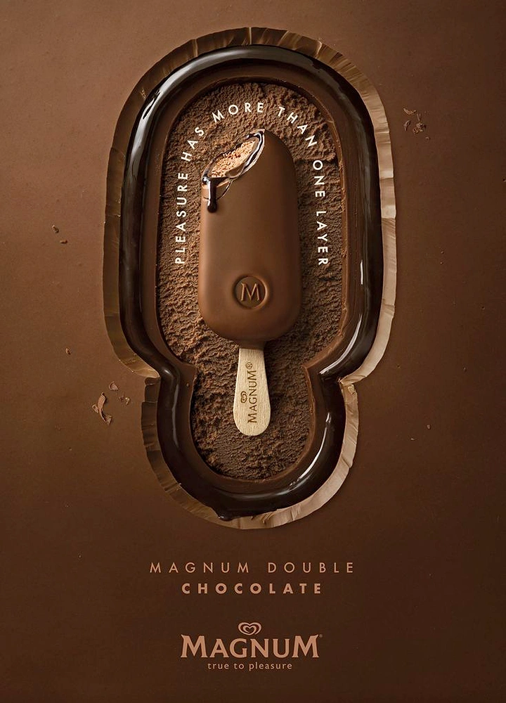 Creative ad: Bitten chocolate ice cream bar set into layered chocolate cavity