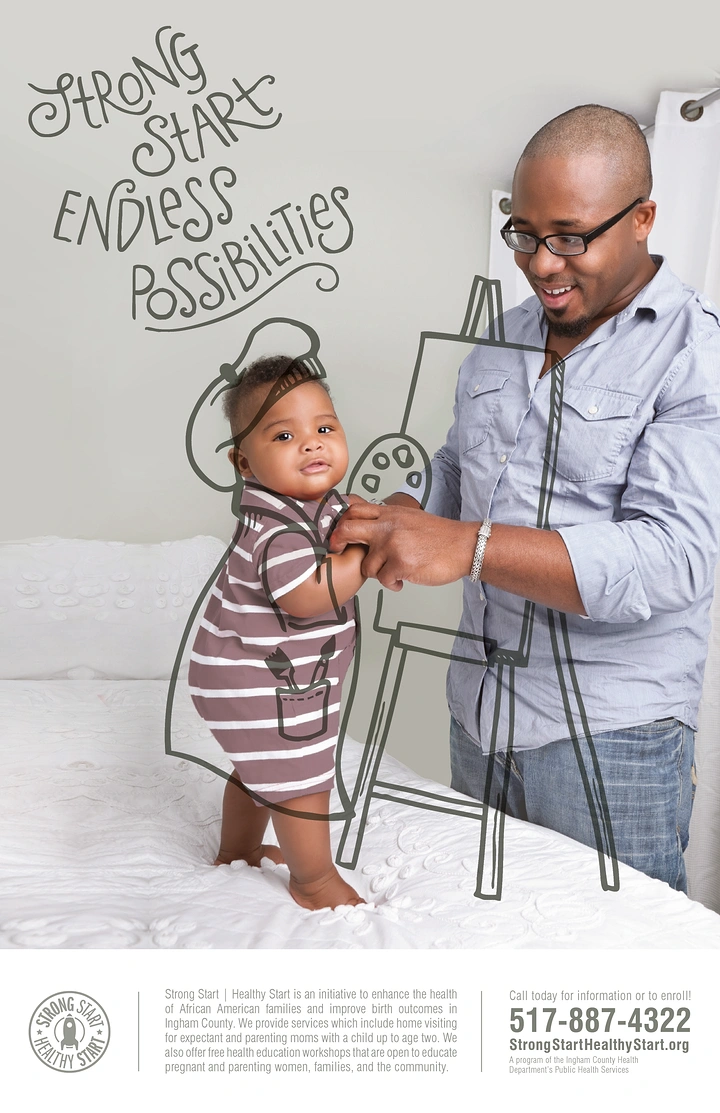 Creative ad: Father holding a standing baby, with an artist doodle overlay