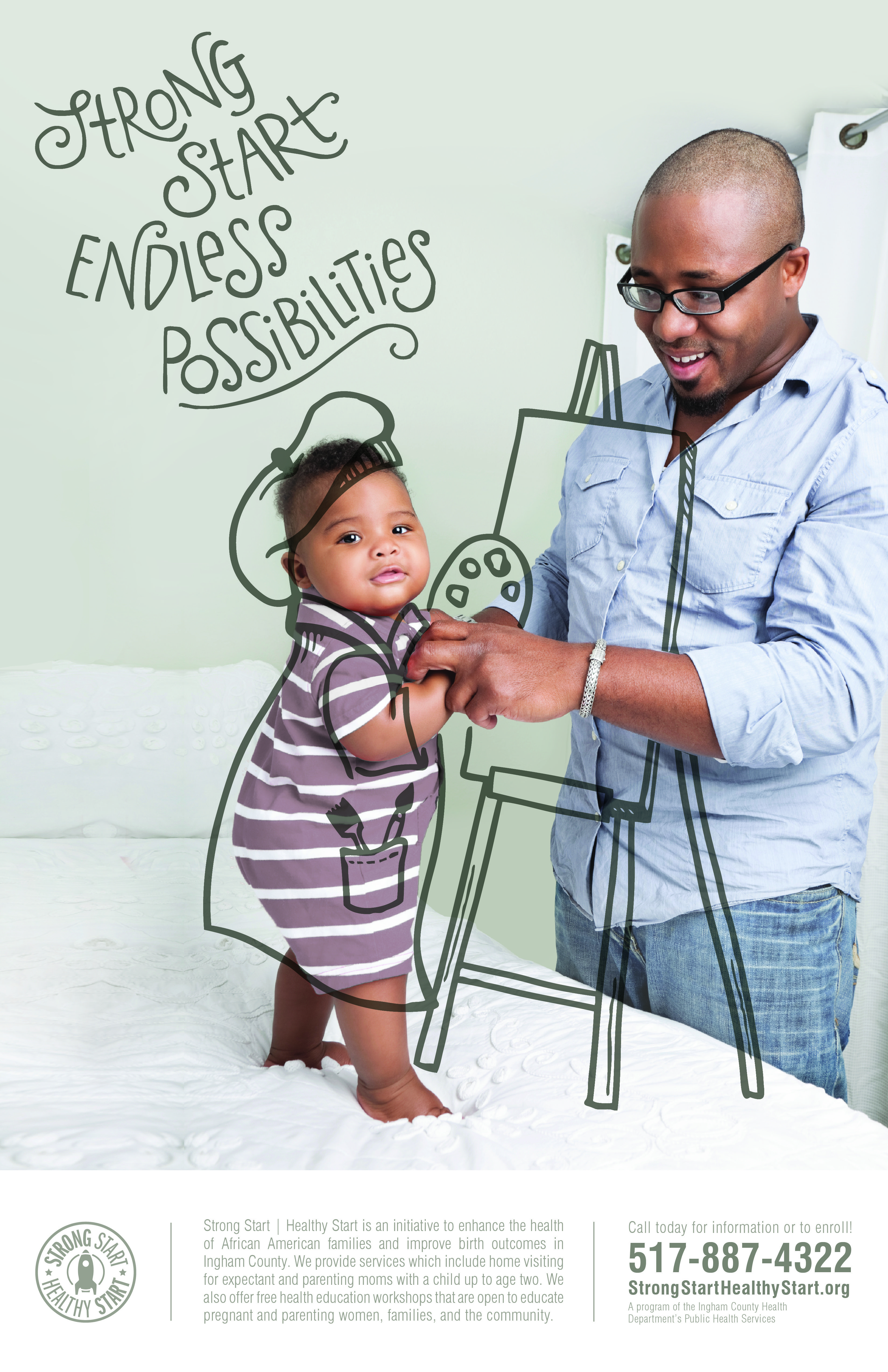 Poster: Father holding a standing baby, with an artist doodle overlay