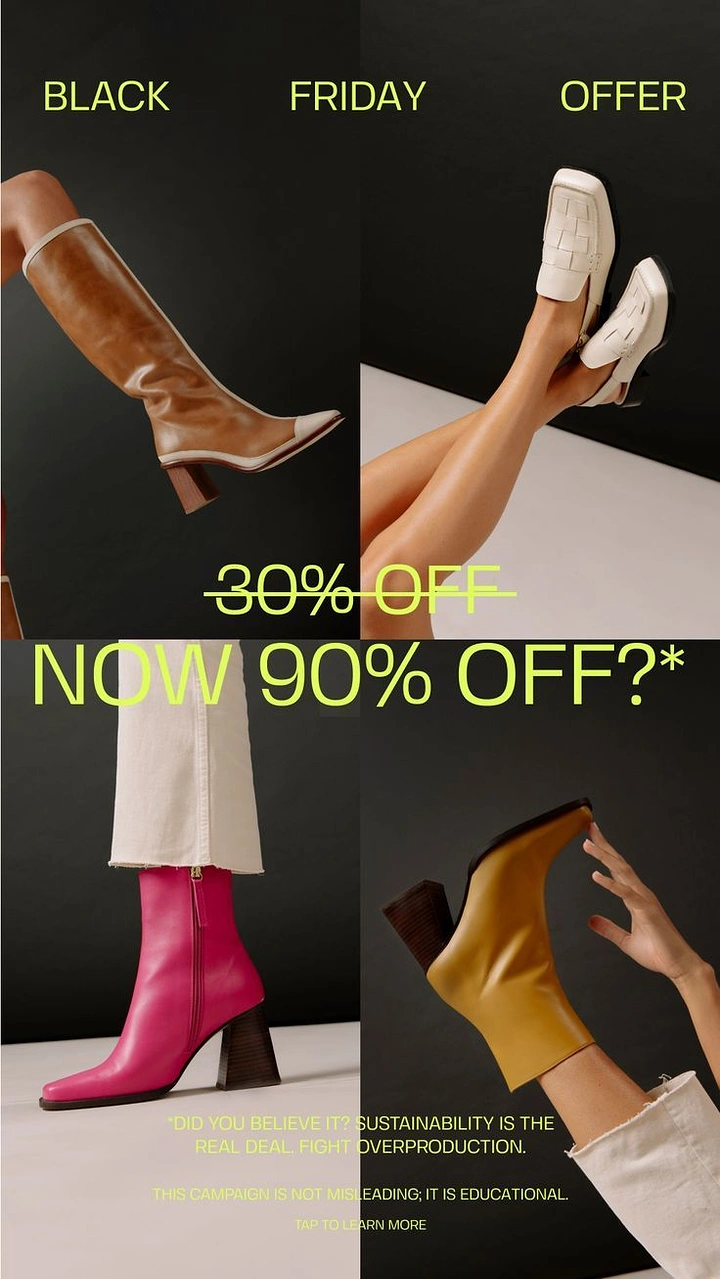 Black Friday creative ad: Four photo panels of women's boots and loafers