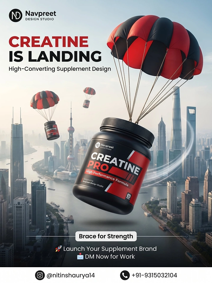 Supplements & Protein creative ad: Black-and-red creatine tub parachuting over a hazy city skyline