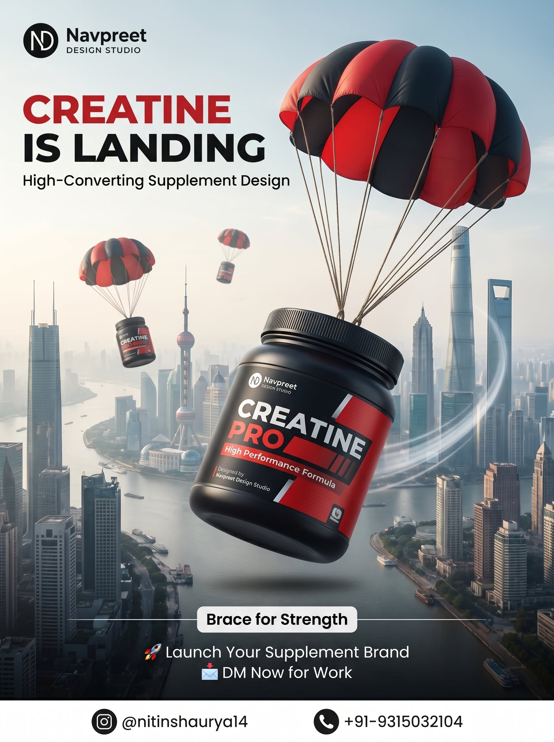 Instagram post: Black-and-red creatine tub parachuting over a hazy city skyline