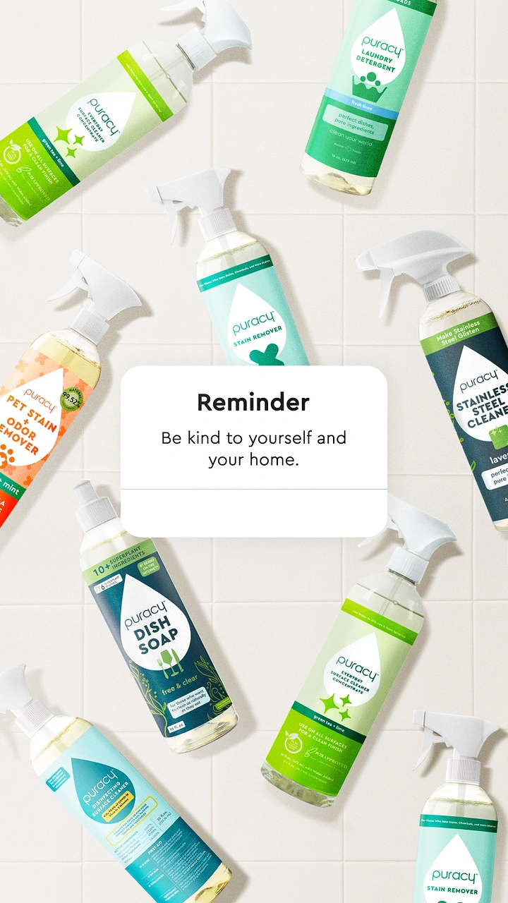 Cleaning Services creative ad: Scattered spray bottles framing reminder card