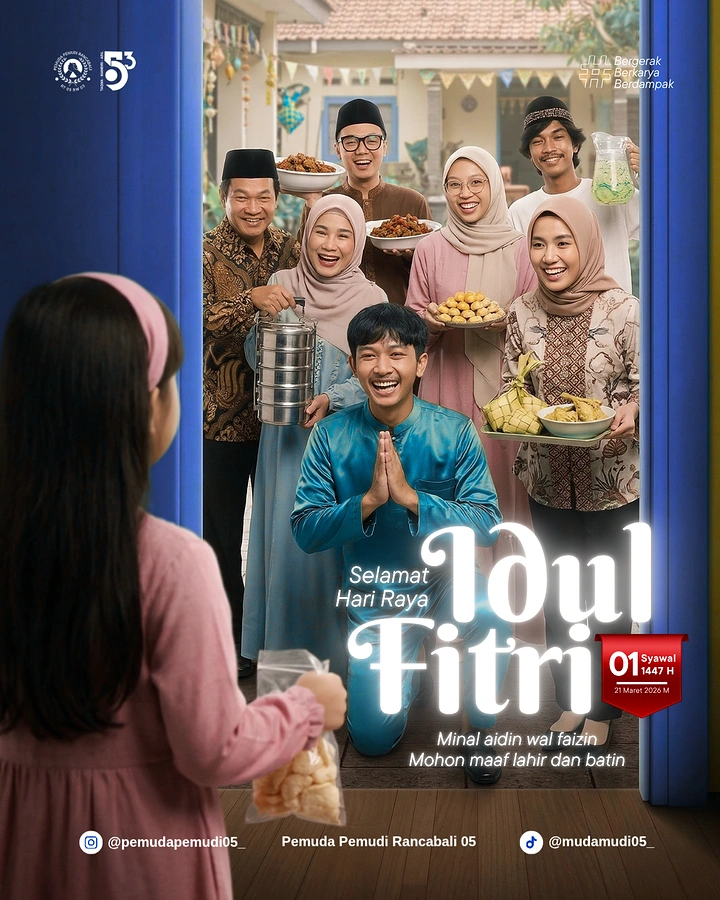 Eid creative ad: Smiling family with festive food greeting a child at an open blue door