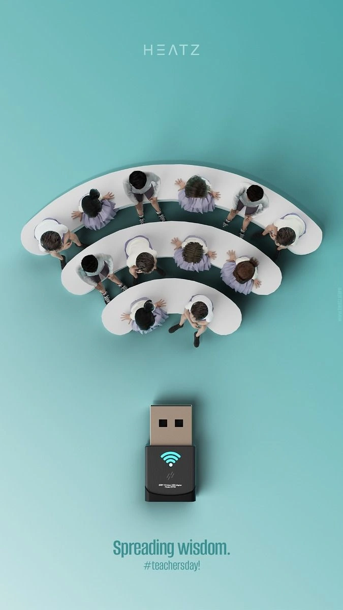 Teachers Day creative ad: Students at arc desks forming a wifi symbol