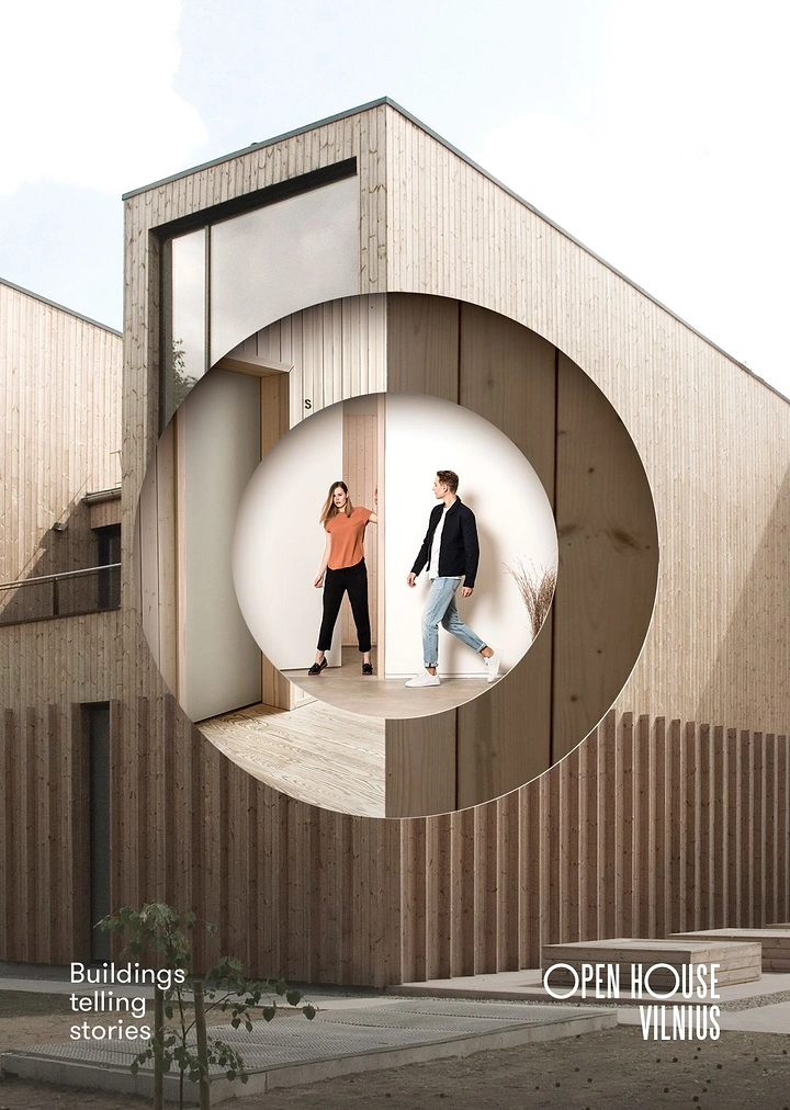 Events & Nightlife creative ad: Timber-clad house facade with circular cutout revealing interior with couple