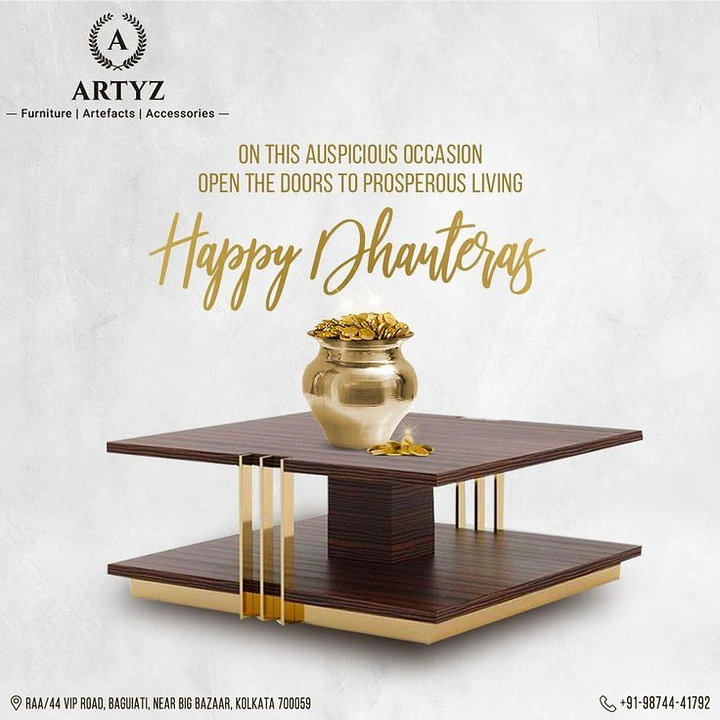 Dhanteras creative ad: Walnut and gold two-tier coffee table with a brass pot of coins