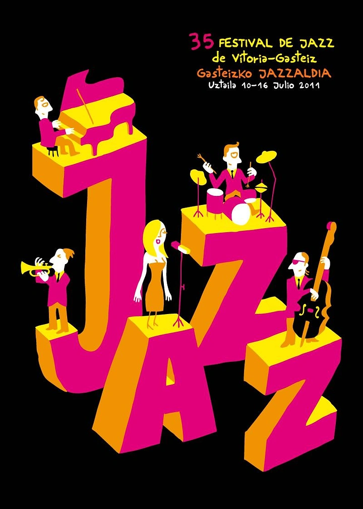 Creative ad: Isometric 3D letters spelling JAZZ with musicians performing on top