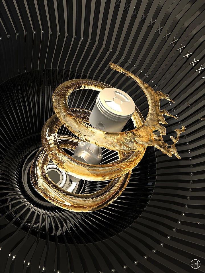 Auto Parts & Car Accessories creative ad: Piston wrapped in a spiralling golden oil splash