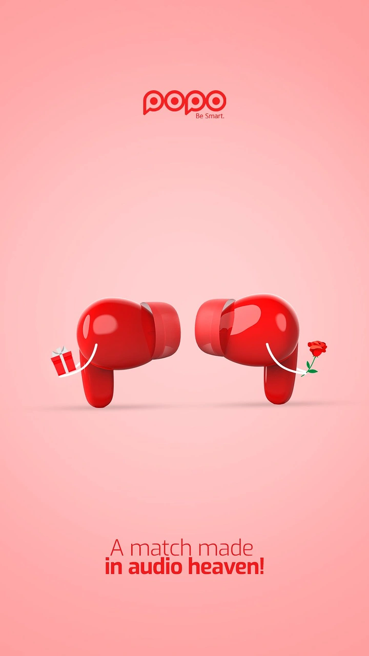 Valentine's Day creative ad: Two glossy red earbuds facing each other like lovers, holding a gift and a rose