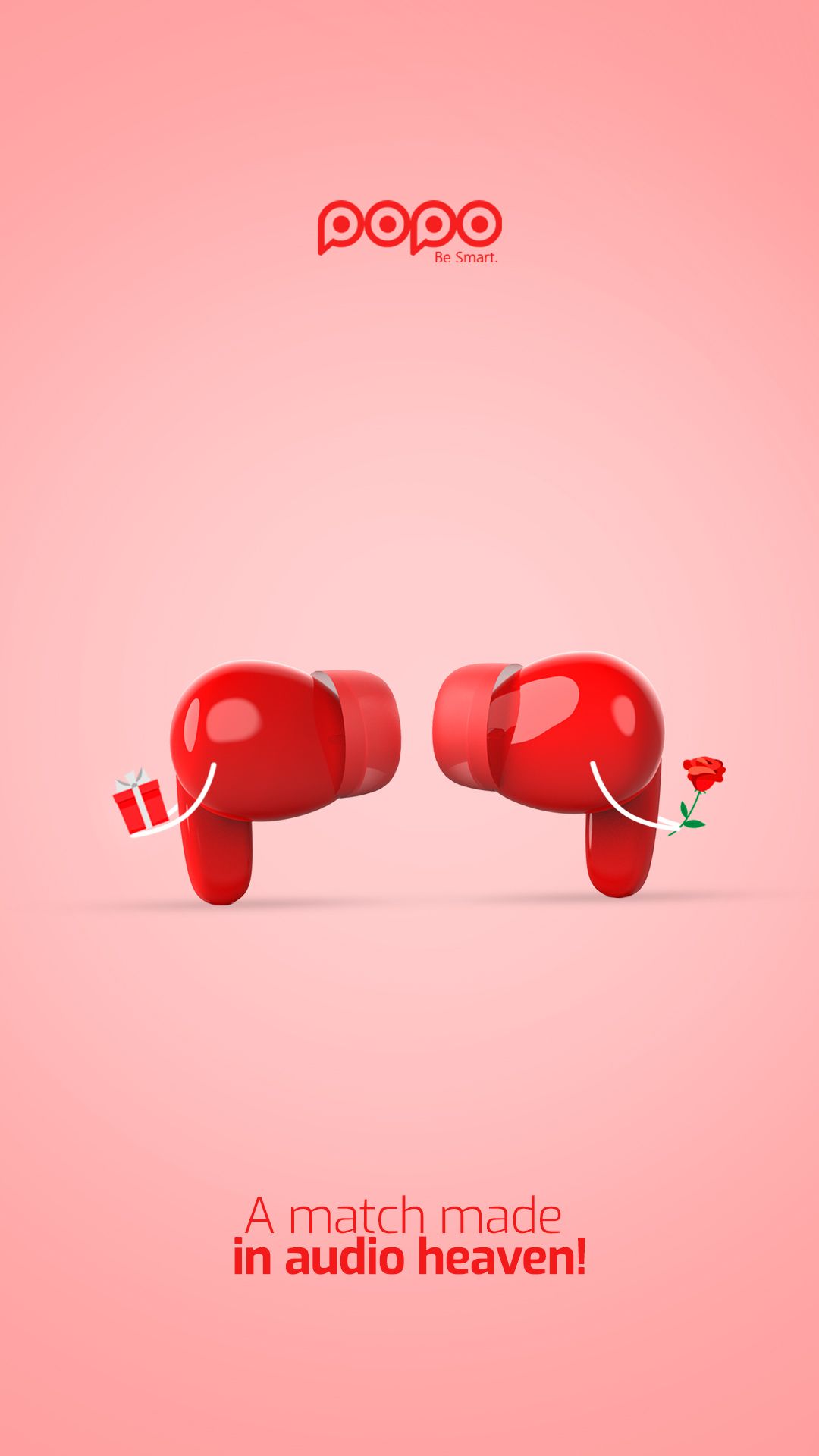 Two glossy red earbuds facing each other like lovers, holding a gift and a rose