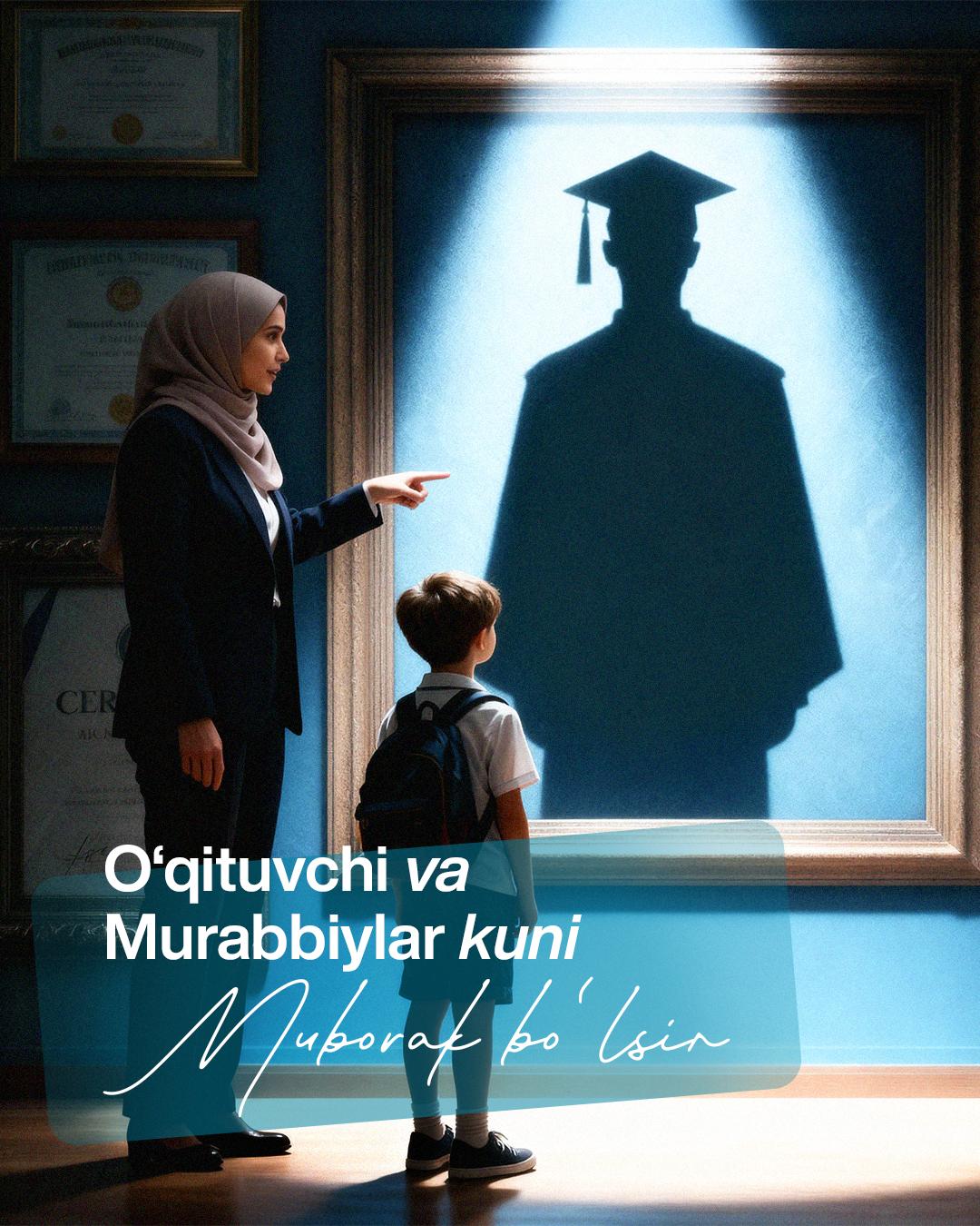 Teacher shows a schoolboy his future graduate shadow in a frame