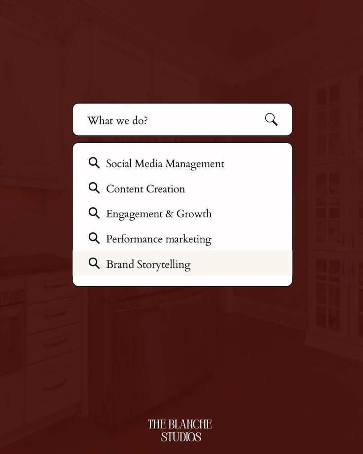 Instagram post: Search-bar UI lists agency services