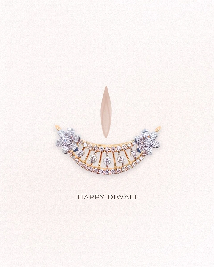 Diwali creative ad: Diamond mangalsutra pendant forming a diya base with a soft flame