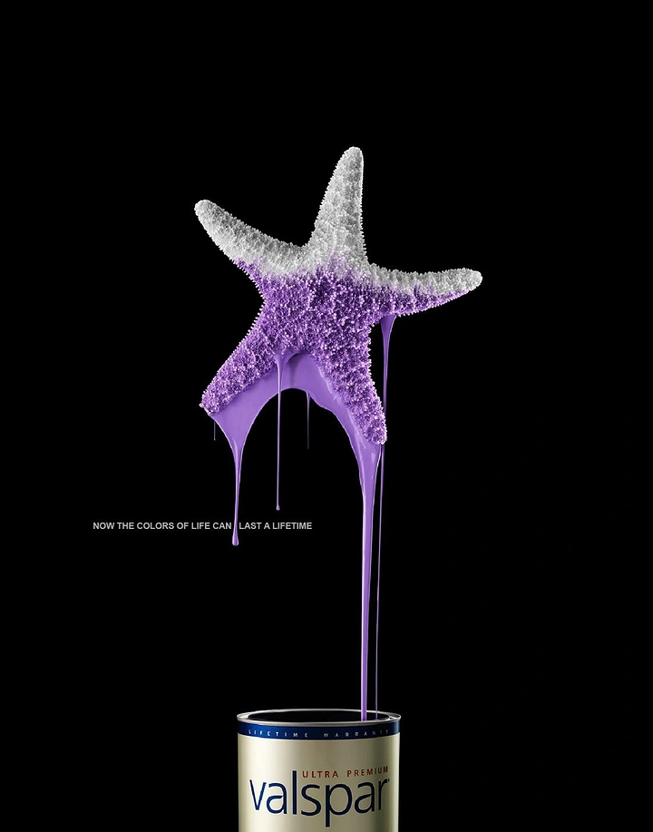 Construction creative ad: Starfish dipped in purple paint dripping into can