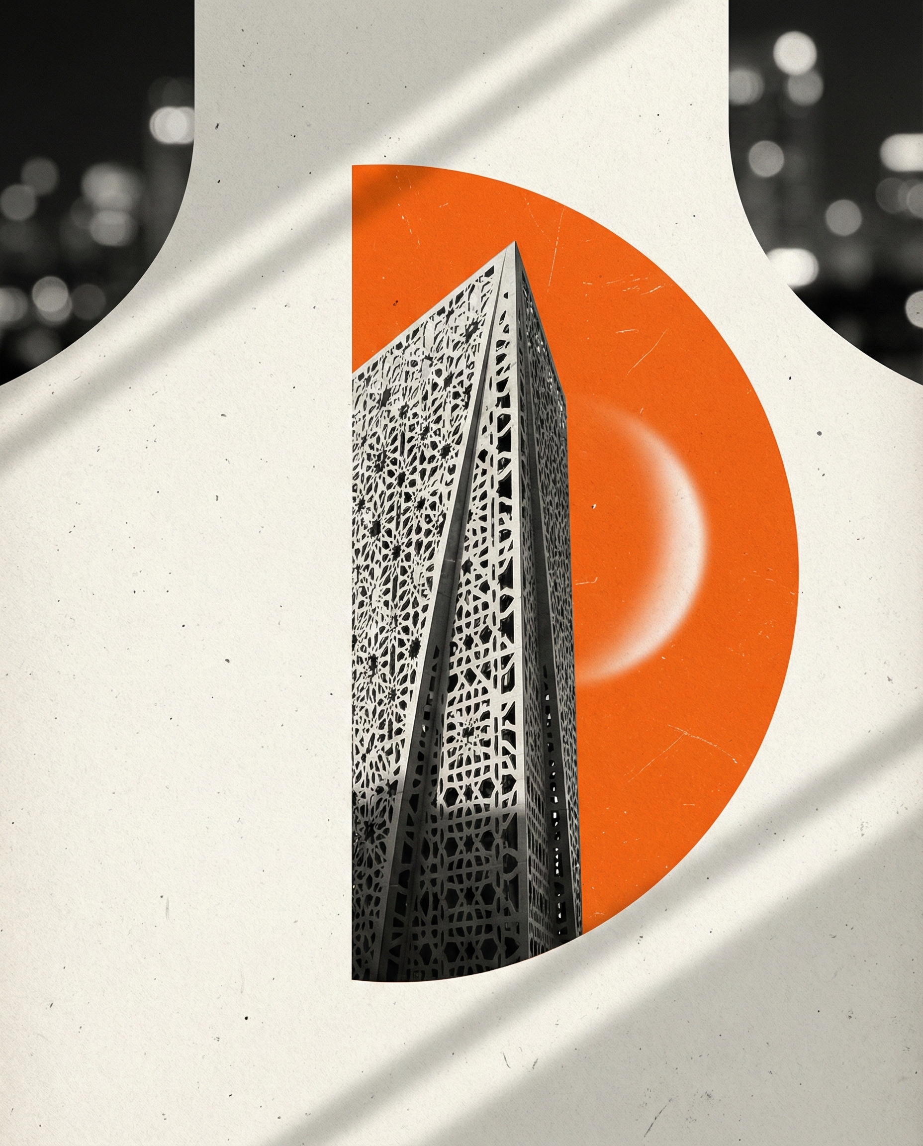 Ramadan Instagram post: Lattice-clad skyscraper against an orange half-disc with a glowing crescent