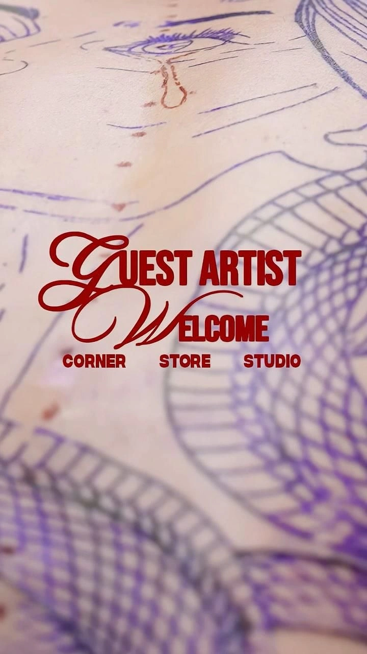 Tattoo Studios creative ad: Guest artist type over stencil-transfer skin