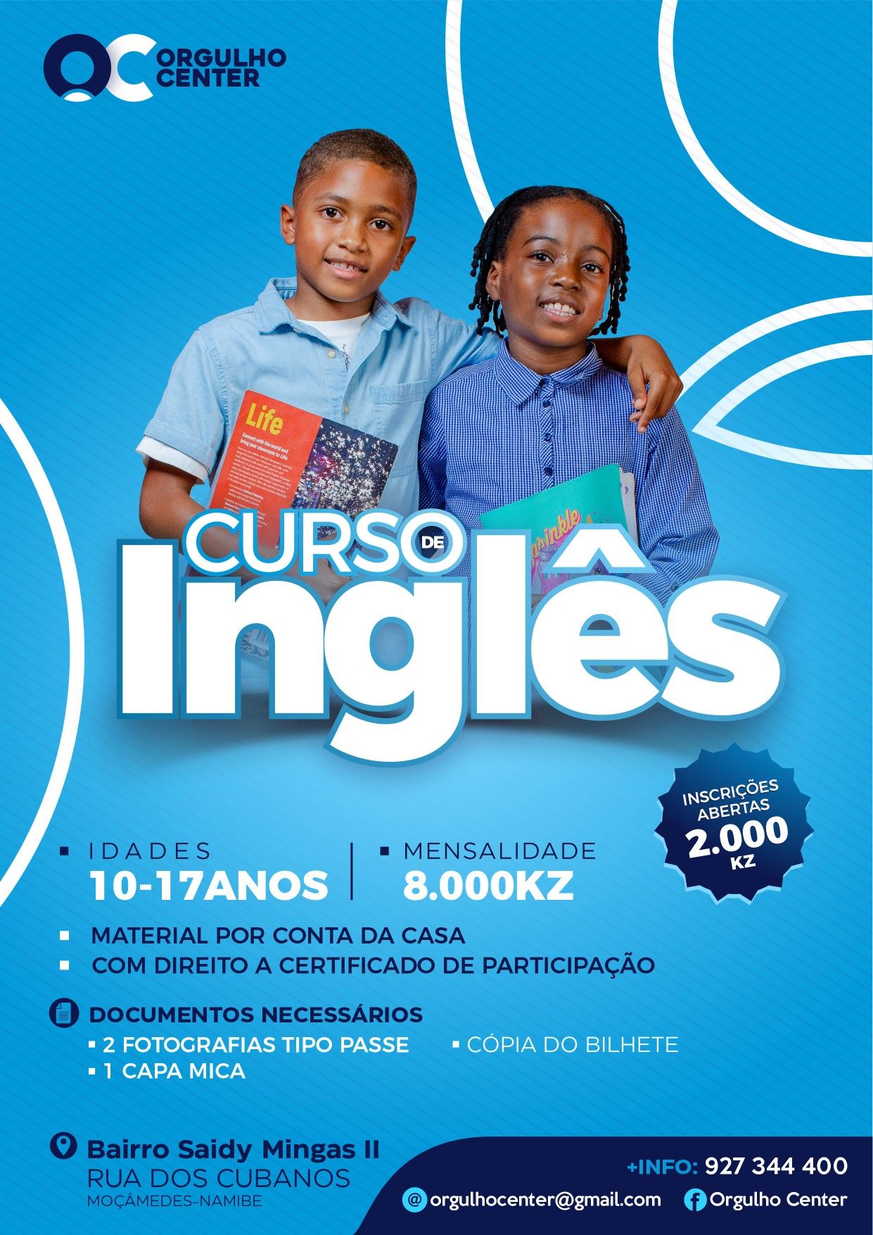 Poster: Two smiling kids holding books above a bold 3D headline