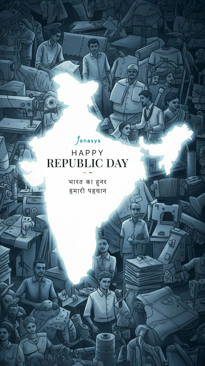 Republic Day creative ad: Glowing white India map framed by a crowd of textile artisans