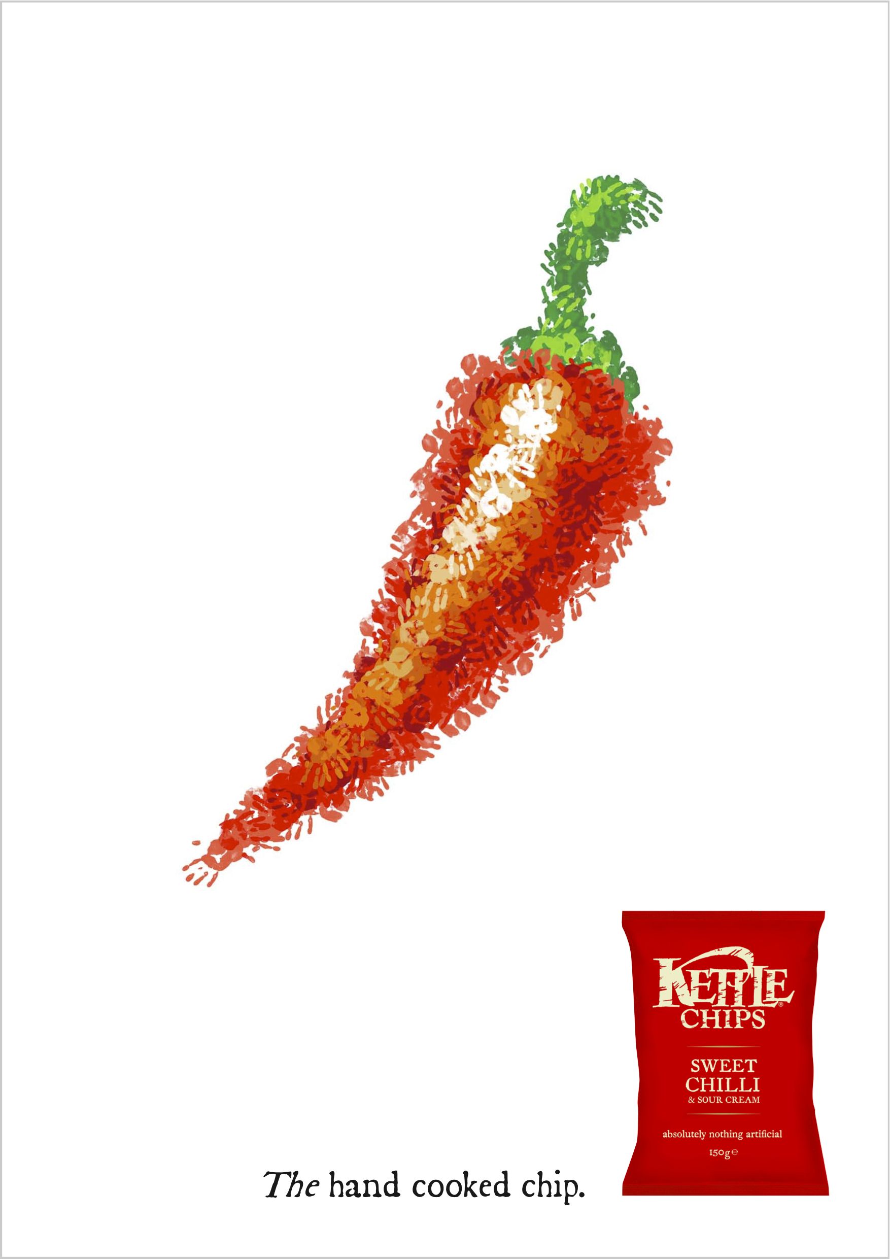 Poster: Red chilli formed entirely from overlapping painted handprints