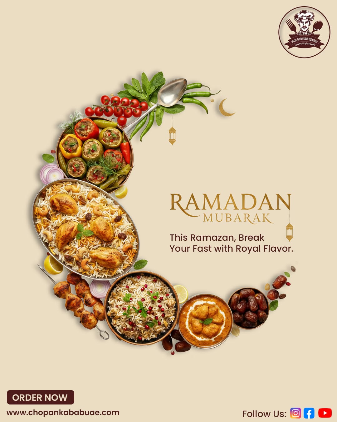 Ramadan Instagram post: Crescent shape formed from dishes of biryani, kebabs, curry and dates