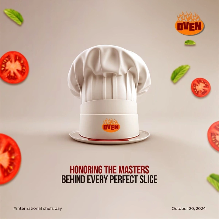 Cloud Kitchens & Food Trucks creative ad: Chef hat as pizza-brand pedestal, Chefs Day
