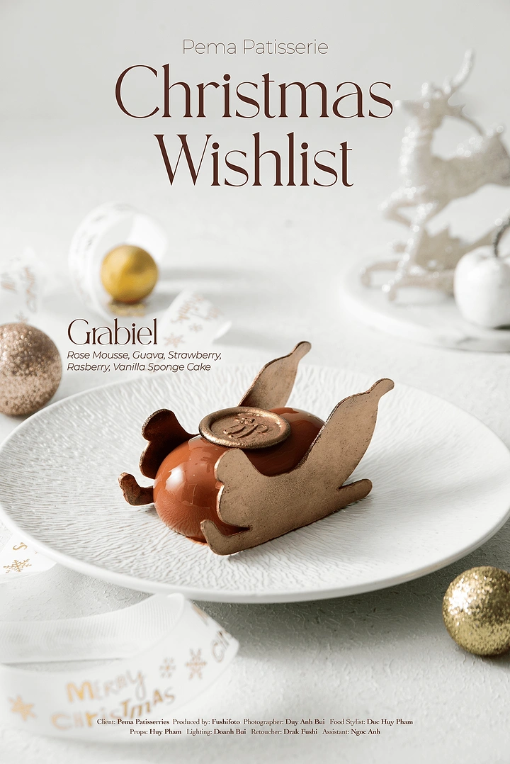 Christmas creative ad: Glazed mousse dessert on a chocolate sleigh