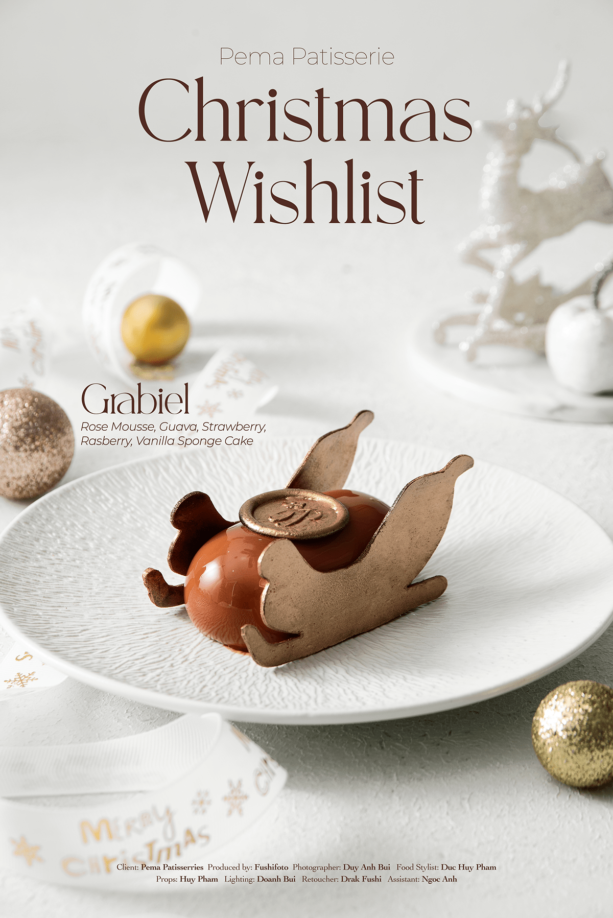 Glazed mousse dessert on a chocolate sleigh