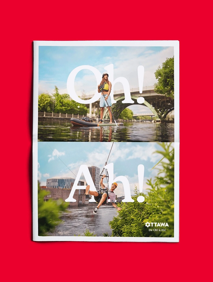 Creative ad: Folded tabloid showing a paddleboarder and ziplining man behind giant Oh! and Ah! letters