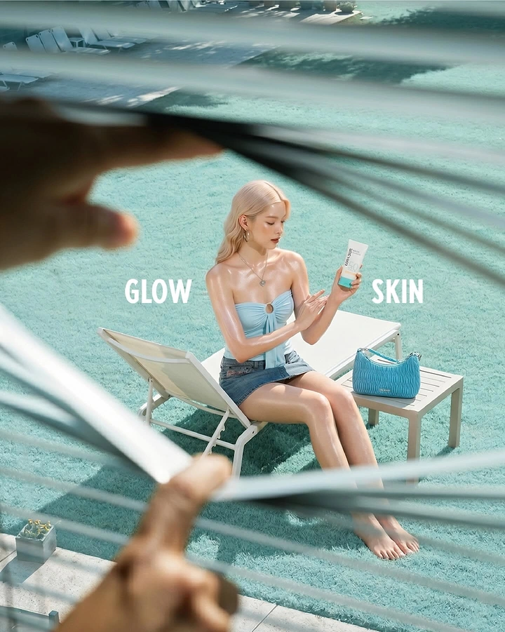 Sunscreen & Sun Care creative ad: Framed poolside glow-skin scene