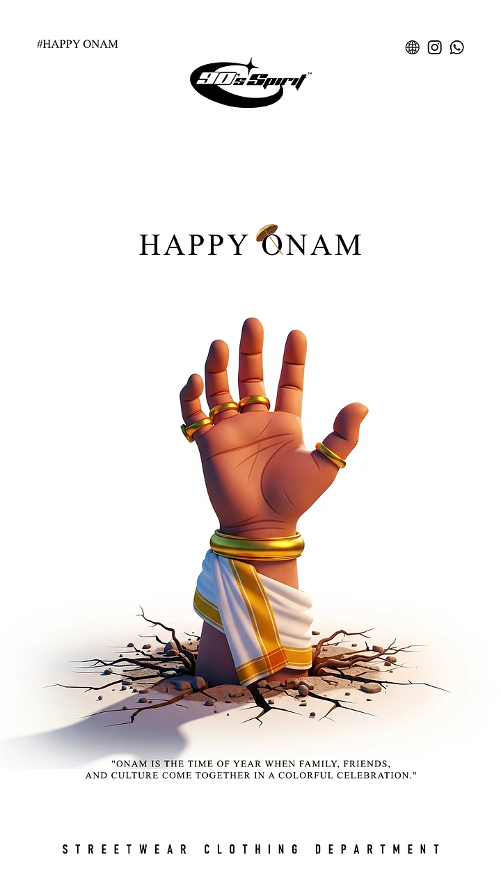Onam creative ad: 3D hand with gold rings and a kasavu cuff rising through cracked earth