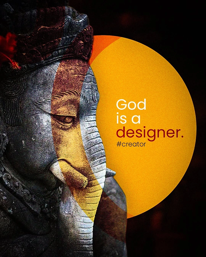 Ganesh Chaturthi creative ad: Close-up stone Ganesha face with a yellow circle