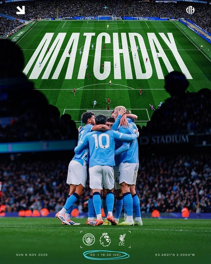Creative ad: Players in sky-blue kits celebrating in a huddle on a floodlit pitch