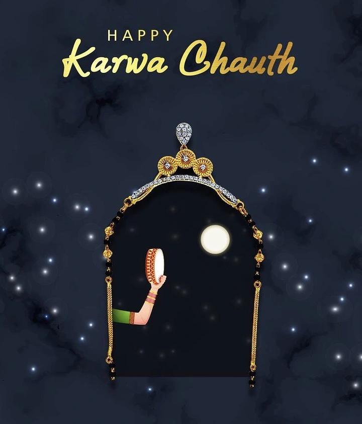 Karwa Chauth creative ad: Mangalsutra pendant framing a night window with hand raising sieve to moon