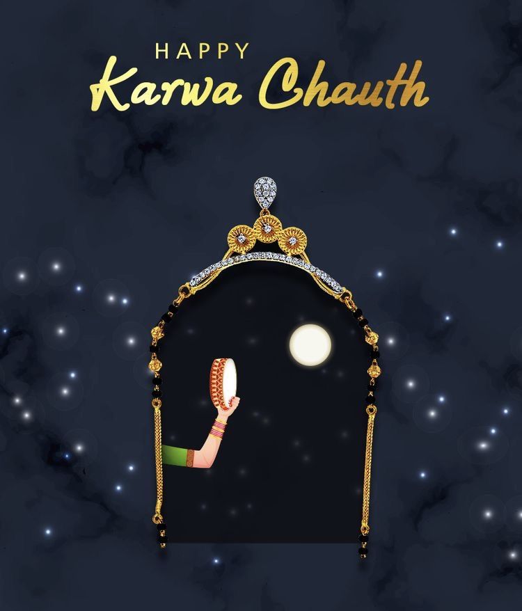 Mangalsutra pendant framing a night window with hand raising sieve to moon