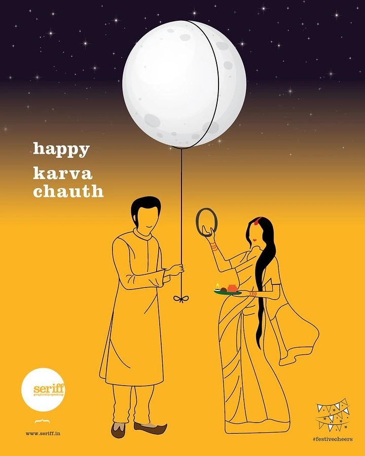 Karwa Chauth creative ad: Line-art couple, husband holding moon like a balloon for wife with sieve
