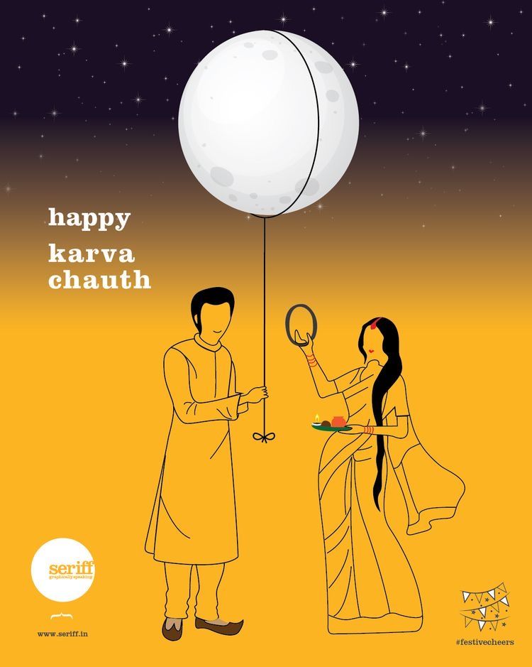 Line-art couple, husband holding moon like a balloon for wife with sieve