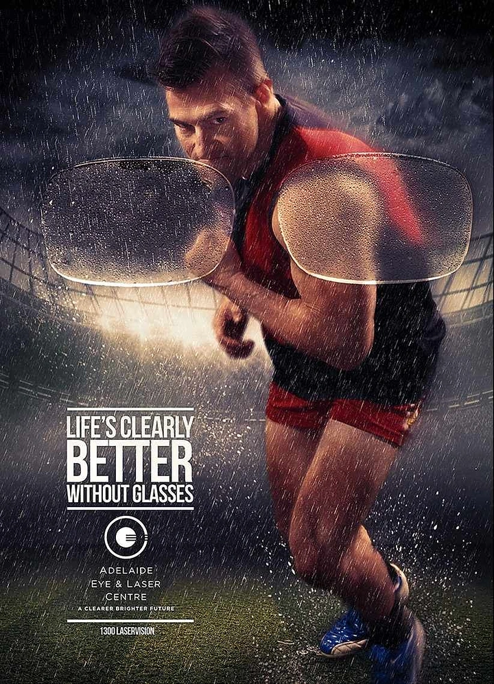 Opticians & Eye Care creative ad: Rain-blurred lens on boxer, laser eye