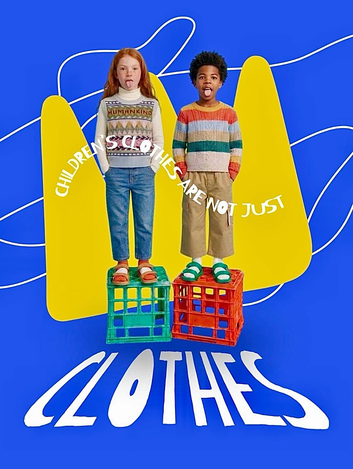 Kids Clothing creative ad: Kids on crates, bold warped type
