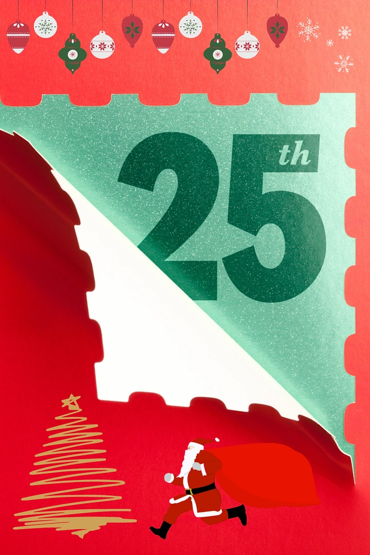 Christmas creative ad: Giant '25th' date on a peeling postage-stamp paper corner with a running Santa