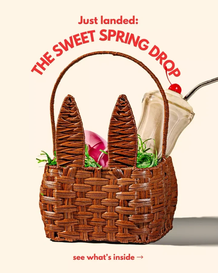 Easter creative ad: Wicker Easter basket with bunny ears holding a milkshake